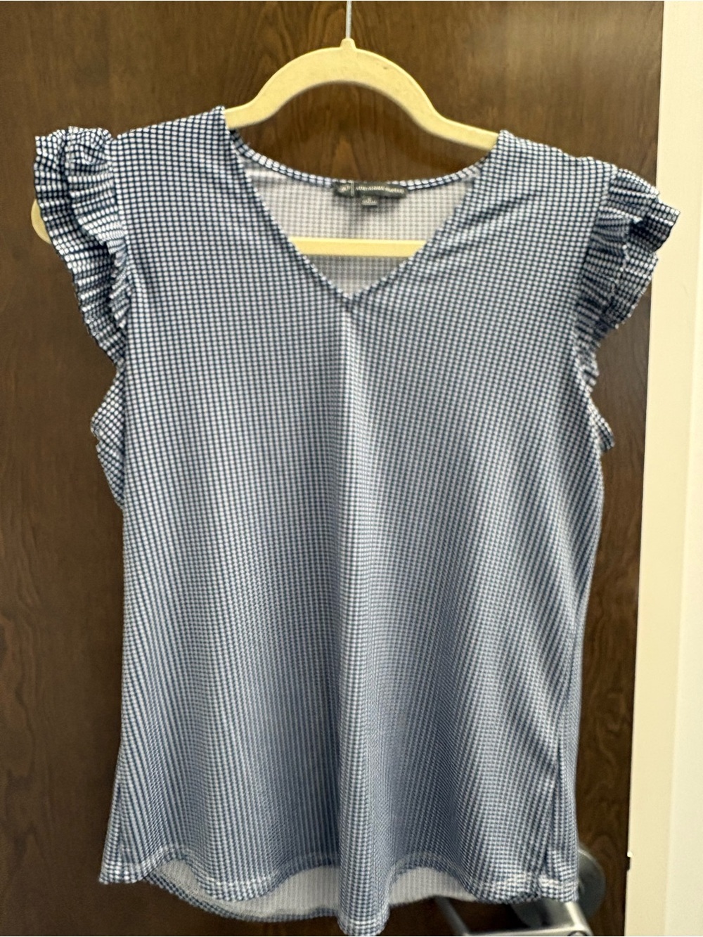 Adrianna Papell Navy & White Gingham Checked V-Neck Flutter Sleeve Top Size SM